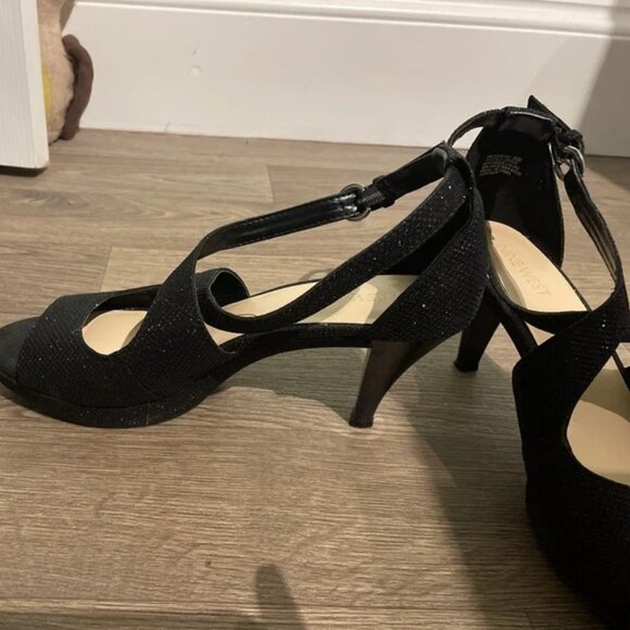 Nine West Sparkly Black Strappy Peep Toe Heels Size 5 - Picture 2 of 5